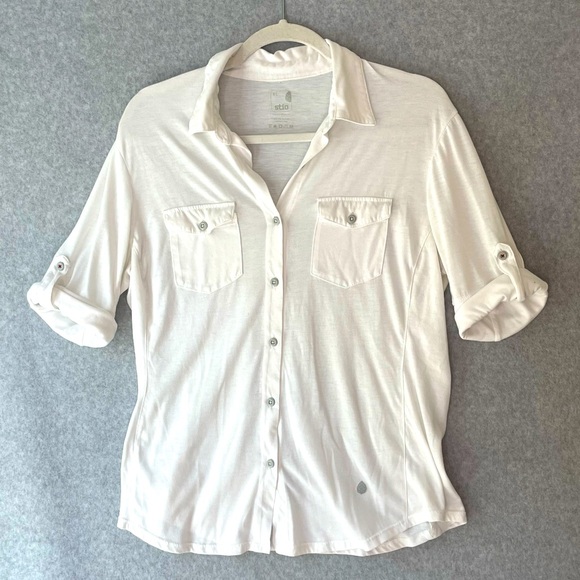 Womens Stio Cotton Jersey Button Down Short Long Sleeve Top sz. XL #OO - Picture 1 of 8